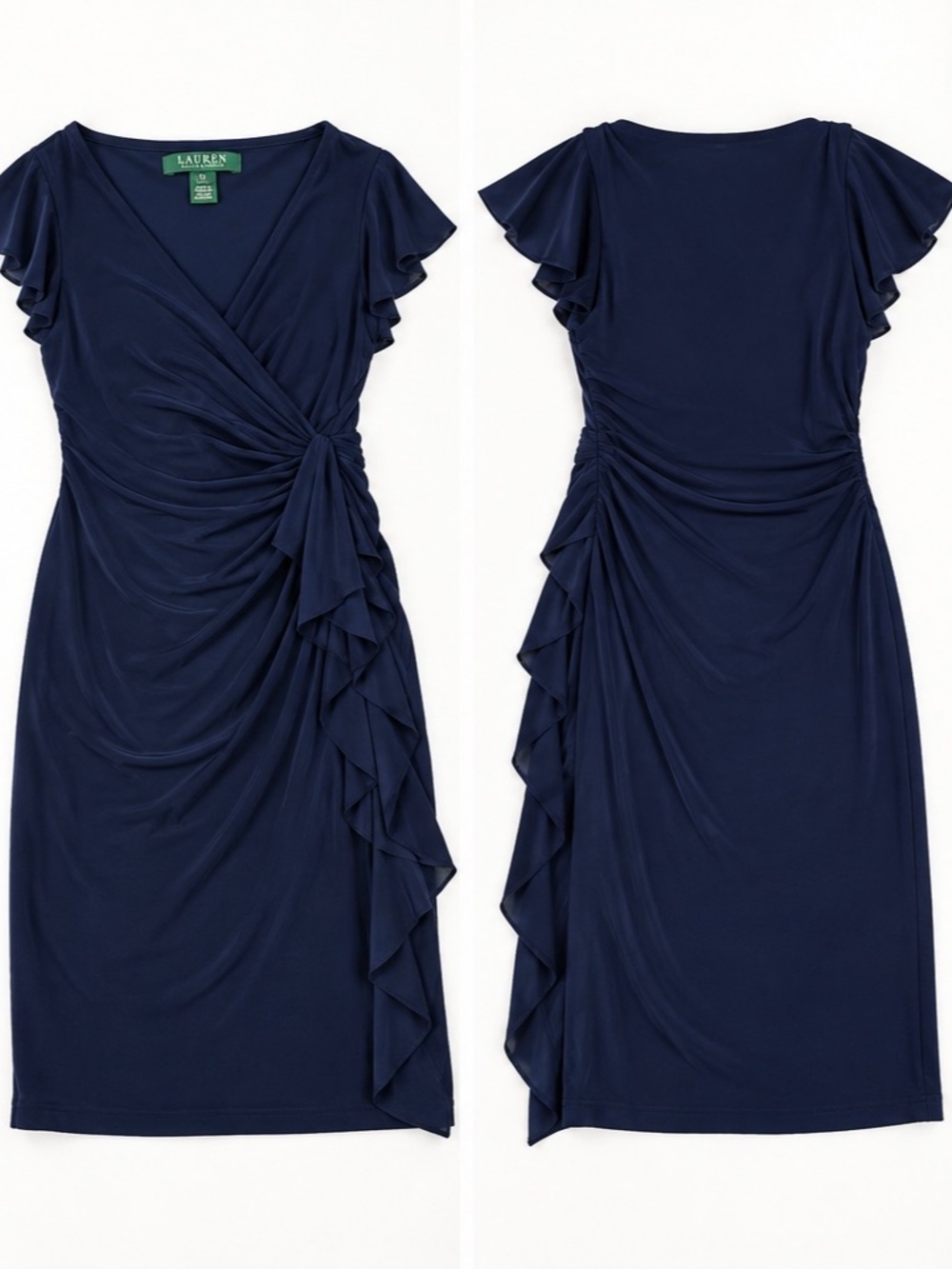 Lauren Ralph Lauren Navy Ruched Ruffle Wrap Dress Size 12 - Picture 5 of 14